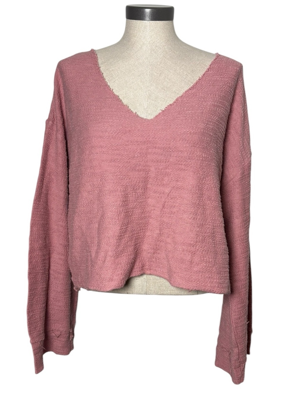 Roxy Pink Slouchy Raw Hem Pullover Sweater Large Boho Cozy Cropped